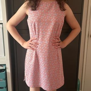 Vintage 90s DOLLHOUSE polyester 60s style red-orange, blue & white dress. Size L